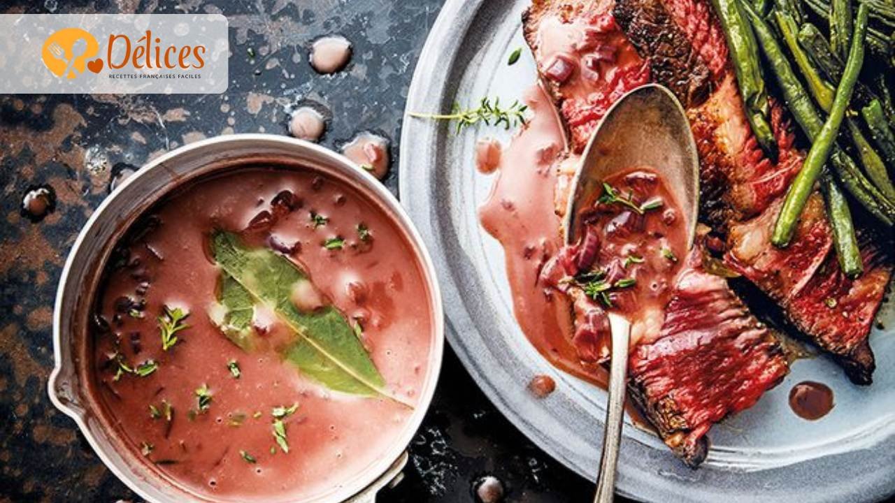 Vue de dessus d'un plat de bœuf grillé ou poêlé, nappé d'une sauce rose/rouge, servi avec des haricots verts. Un petit pot de sauce est à côté. Illustration de la recette de bœuf saté.