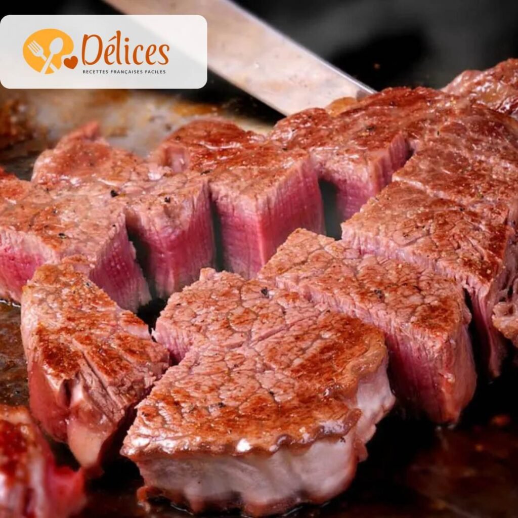 Gros plan sur un steak de bœuf de Kobe ou Wagyu, coupé en morceaux, révélant une cuisson rosée à cœur et un persillage intense.