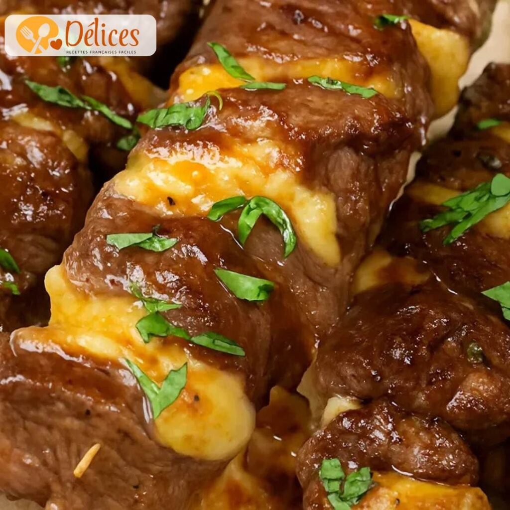 Plusieurs brochettes de morceaux de bœuf, poivrons et oignons, servies sur un fond ardoise avec de la sauce.