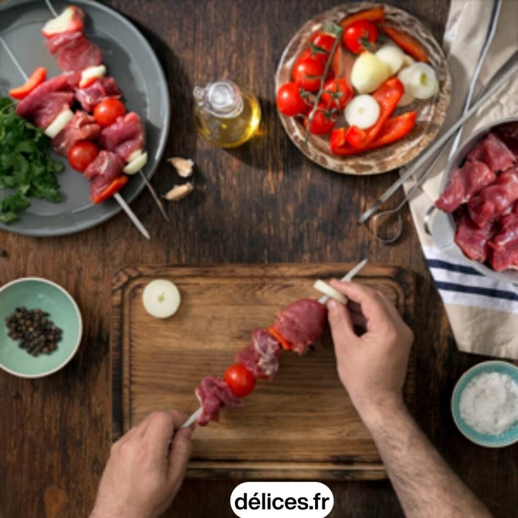 Vue de dessus montrant des mains en train d'assembler une brochette de bœuf mariné avec des morceaux de viande crue, des tomates et des oignons, sur une planche à découper rustique.