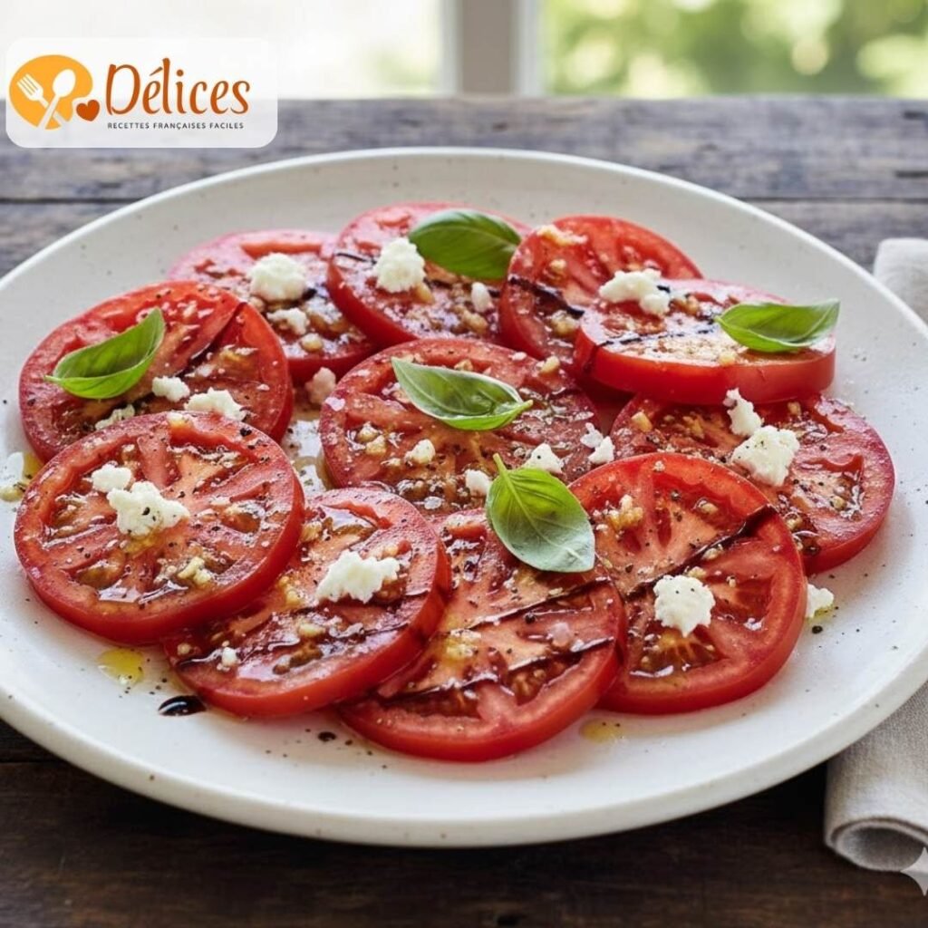 Gros plan sur une salade de tranches de tomates Cœur de Bœuf rouges, garnies de morceaux de fromage blanc émietté, d'huile d'olive et de basilic frais. Image de la cœur de bœuf recette.