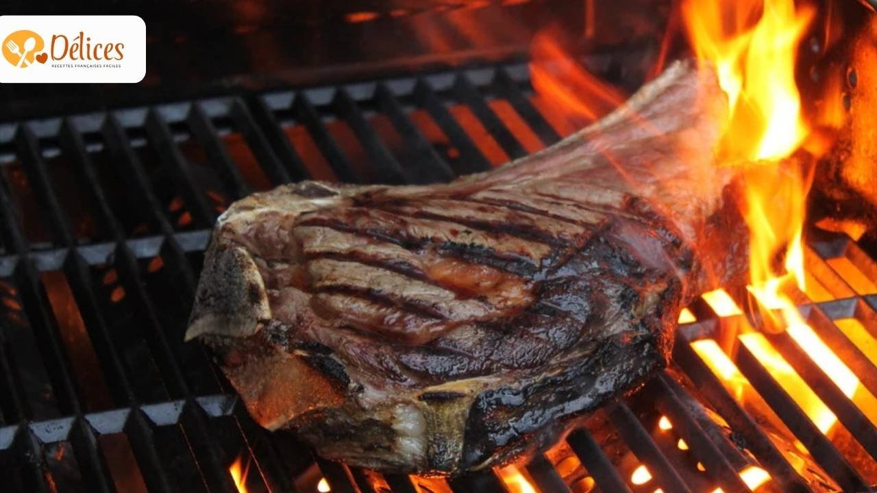 Gros plan sur une côte de bœuf épaisse en train de griller sur une plancha ou un barbecue. Des flammes vives entourent la viande, indiquant une cuisson à très haute température.