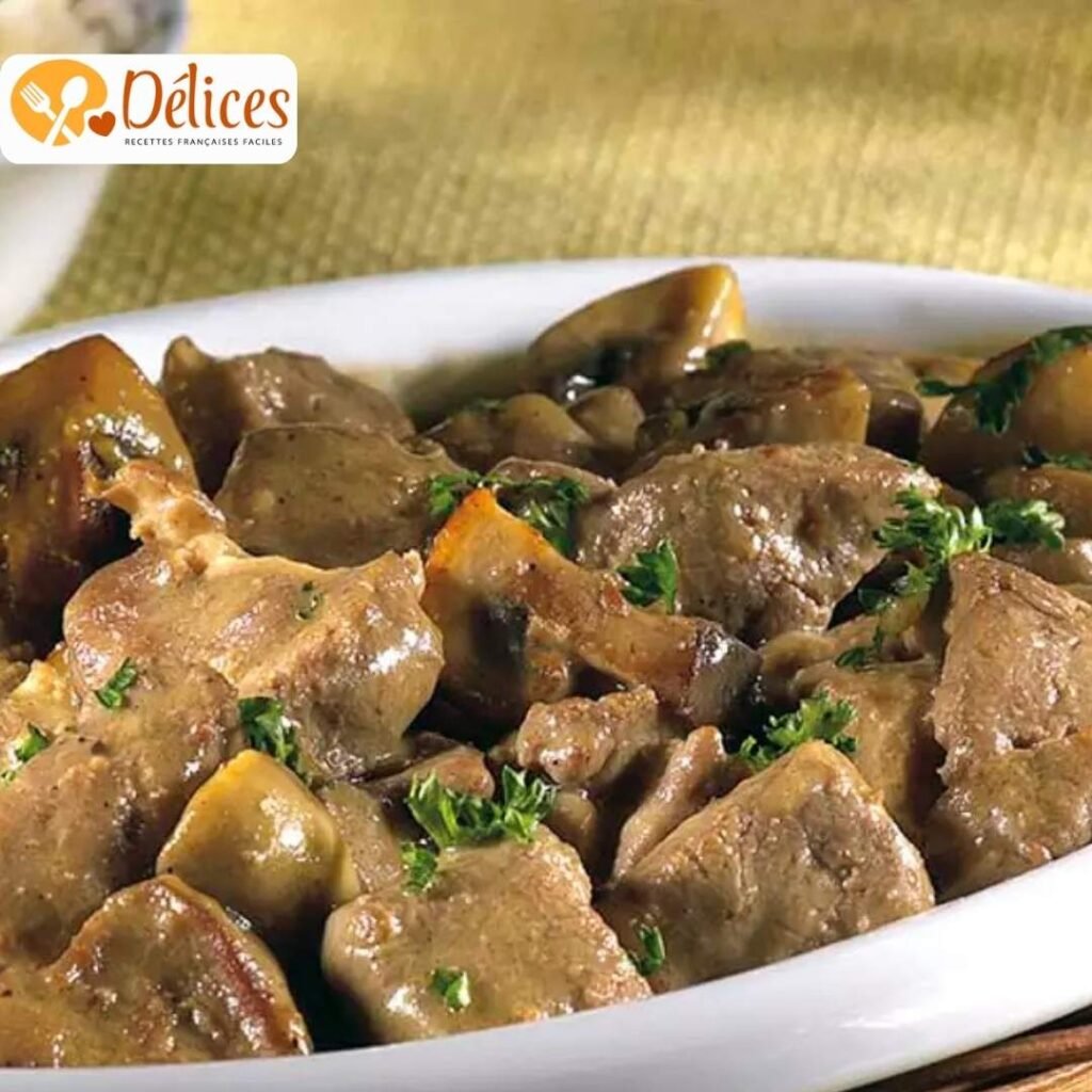 Gros plan sur un plat de morceaux de foie de bœuf et de champignons dans une sauce crémeuse.