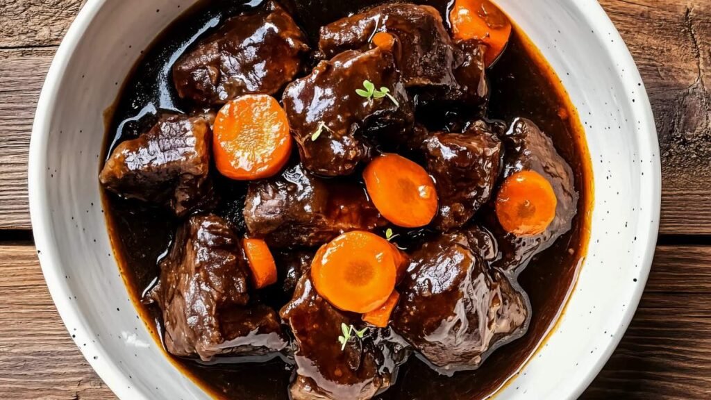 Recette joue de bœuf fondante et confite au vin rouge avec carottes – plat mijoté traditionnel de la cuisine française.