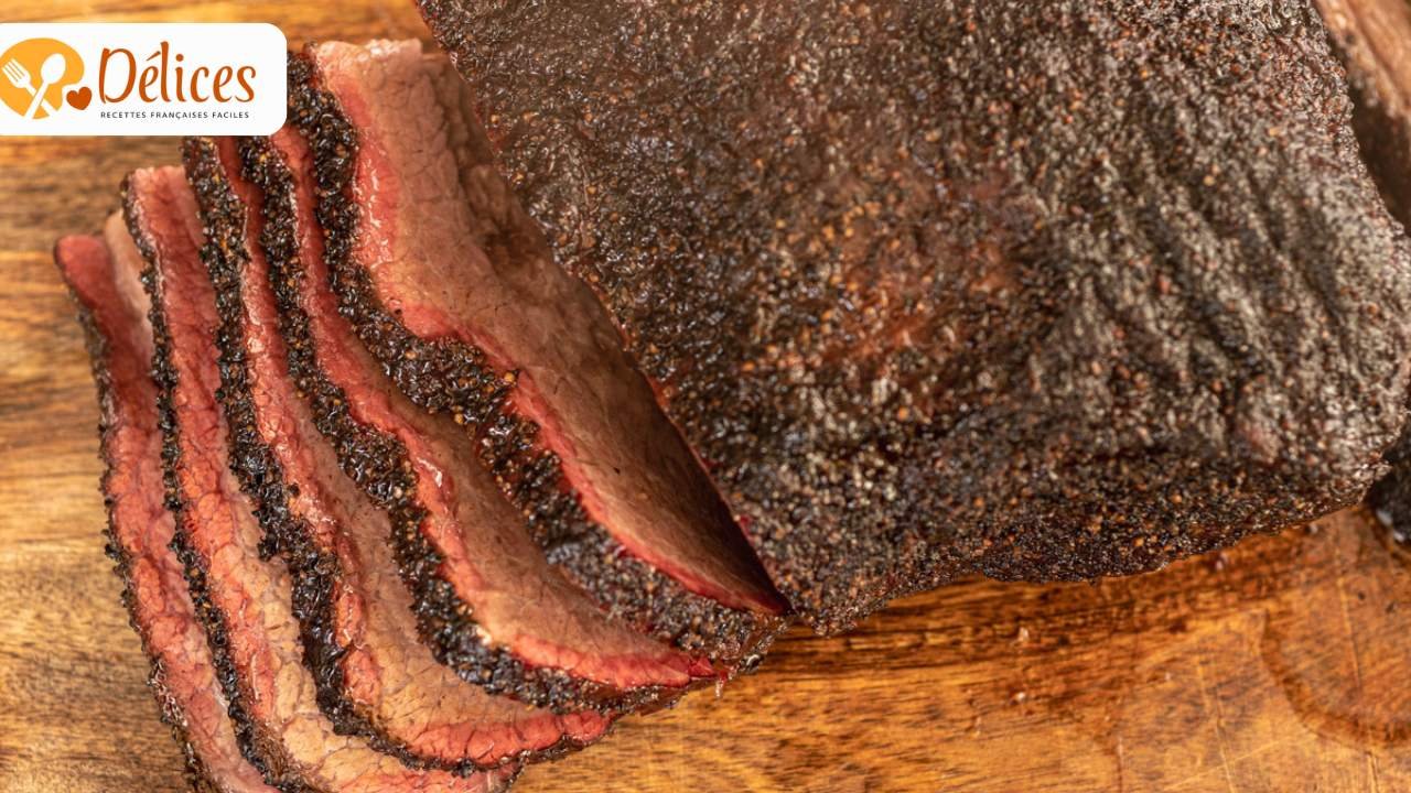 Gros plan sur un morceau de brisket de bœuf fumé, avec sa croûte noire assaisonnée, tranché sur une planche. L'anneau de fumée rose est visible sur la partie brisket de boeuf.