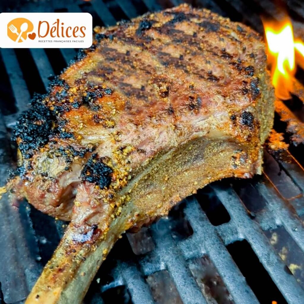 Gros plan sur un steak Tomahawk de bœuf épais, très bien saisi et assaisonné, grillant sur un barbecue avec des flammes. Illustration de la cuisson de la partie tomahawk boeuf.