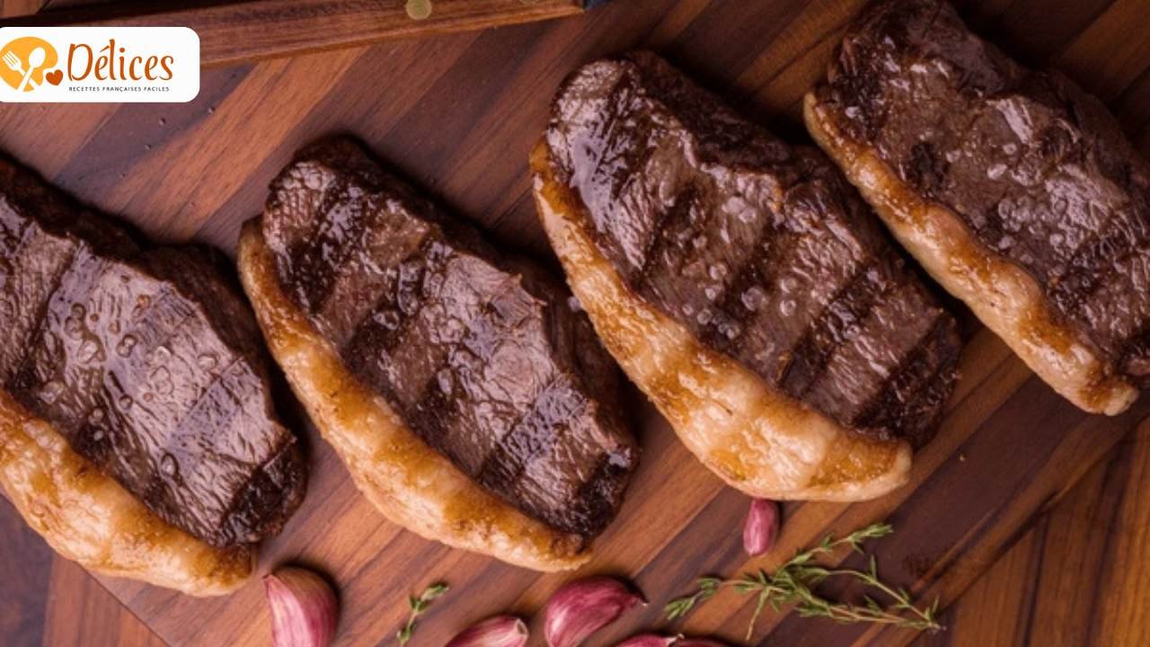Quatre morceaux de picanha de bœuf grillés, coupés épais, avec une bordure de gras brunie, posés sur une planche à découper. Image de la picanha bœuf recette.