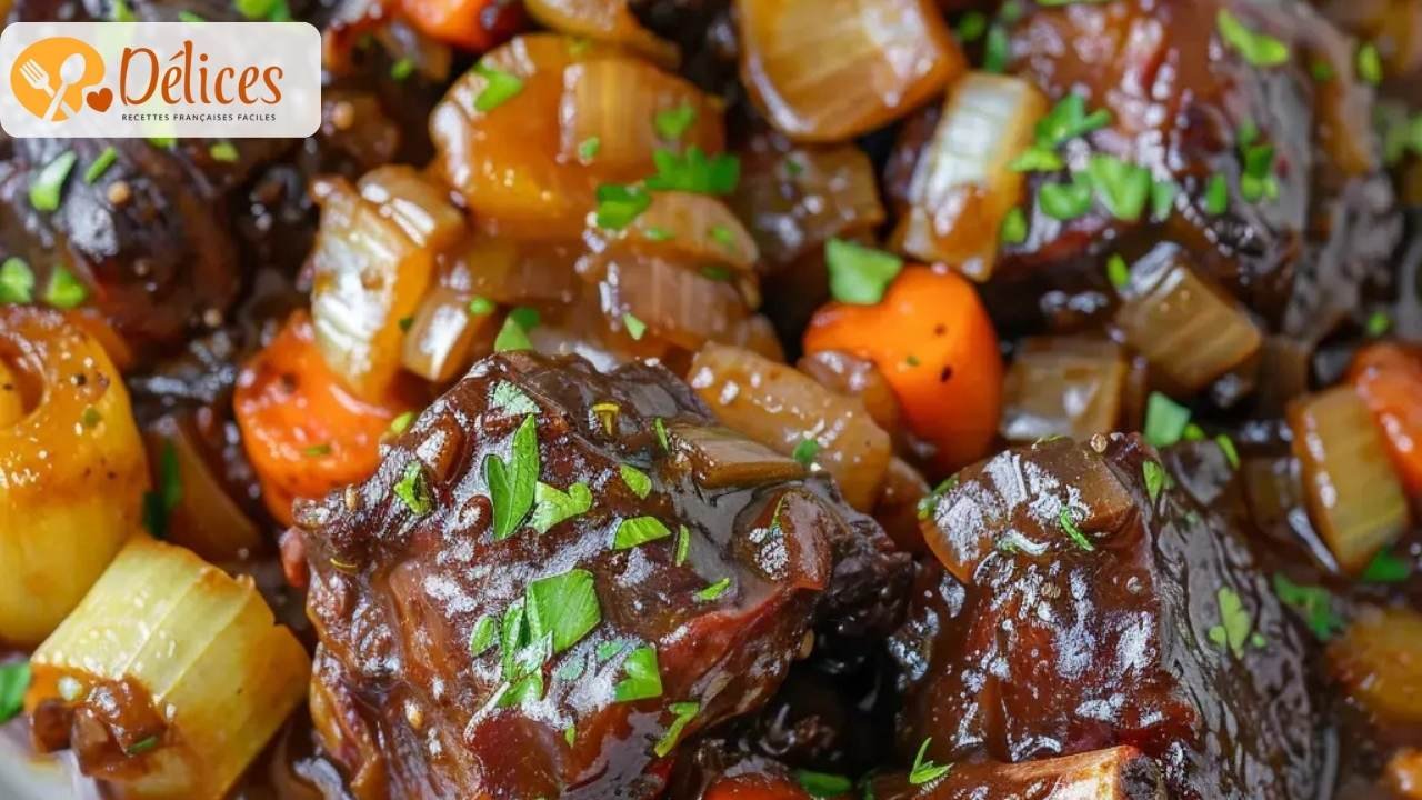 Gros plan sur des morceaux de queue de bœuf braisés et mijotés, nappés d'une sauce brune épaisse, avec des carottes et des oignons.