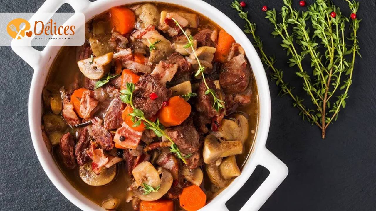 Vue de dessus d'un plat de service blanc contenant un bœuf bourguignon sans vin très riche, avec du bœuf, des champignons, des carottes et des lardons. La garniture est faite de thym frais.