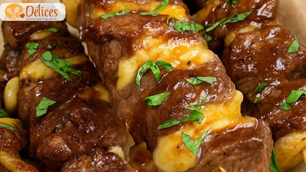 Gros plan sur une brochette de bœuf et de fromage cuite, nappée d'une sauce barbecue brillante et garnie de persil frais.