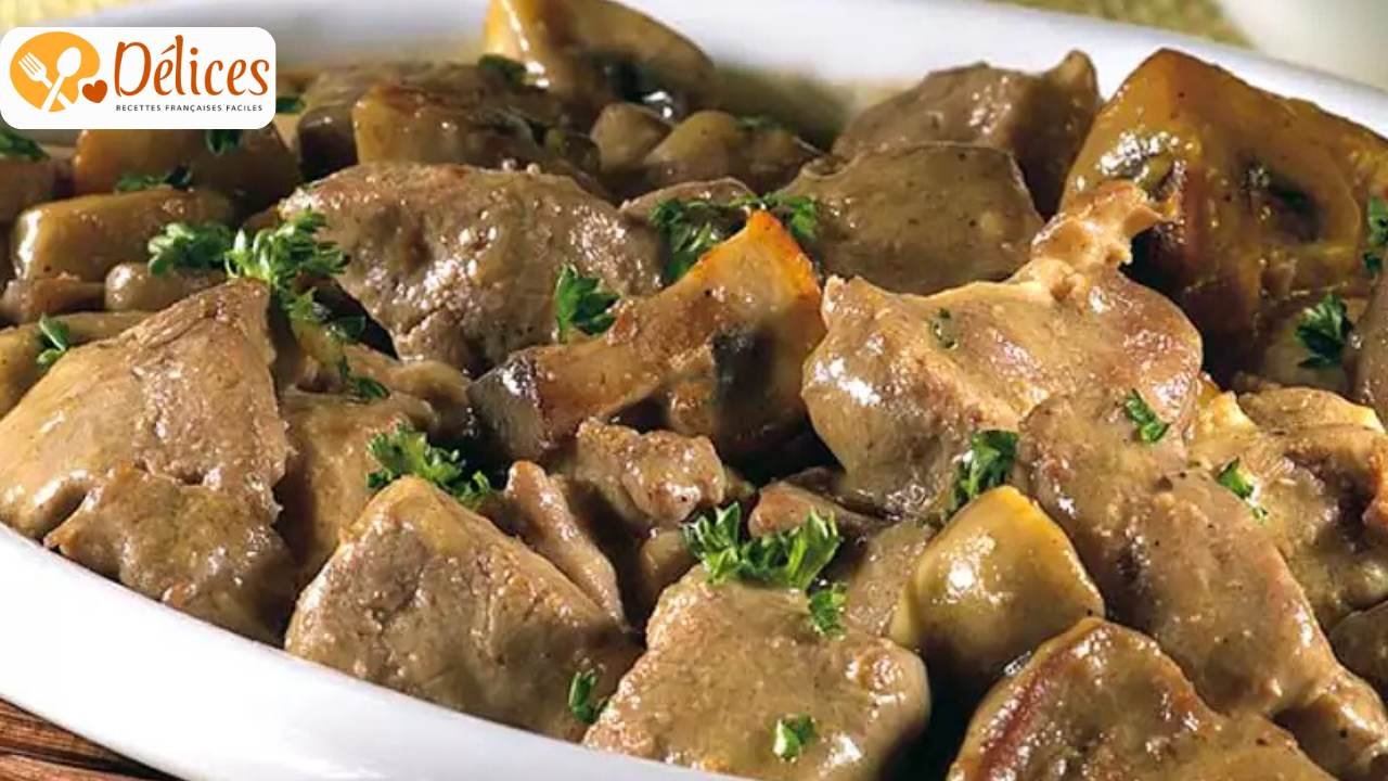 Gros plan sur un plat de morceaux de foie de bœuf et de champignons dans une sauce brune/beige crémeuse, garni de persil haché. Image de la recette foie de boeuf.