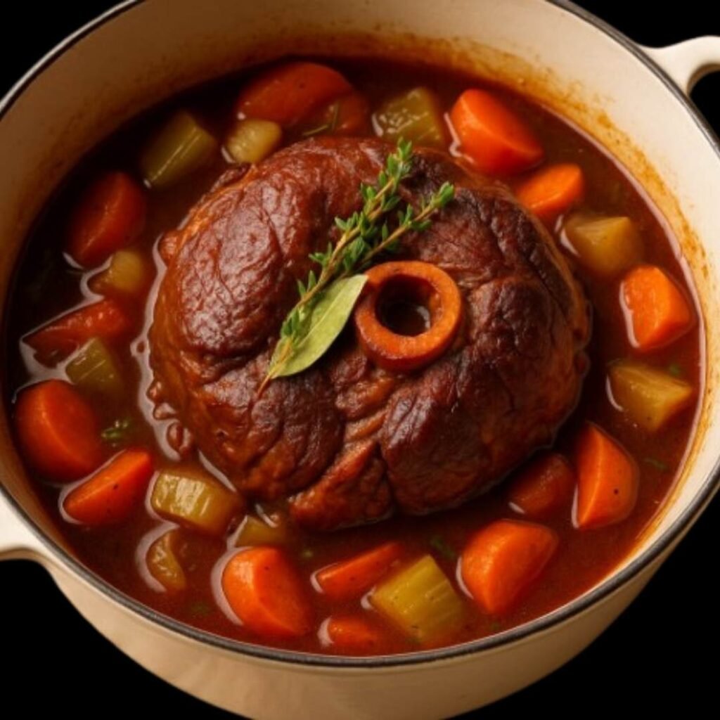 Image de haute qualité d'une recette de jarret de bœuf prêt à être servi, ultra fondant.