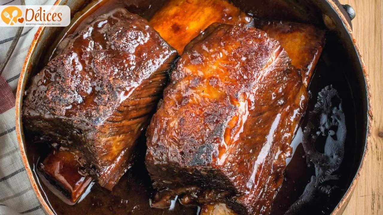 Gros plan sur deux morceaux épais de ribs de bœuf cuits et nappés d'une sauce barbecue brillante, servis dans une poêle en cuivre. Image de la recette de ribs de bœuf fondants.