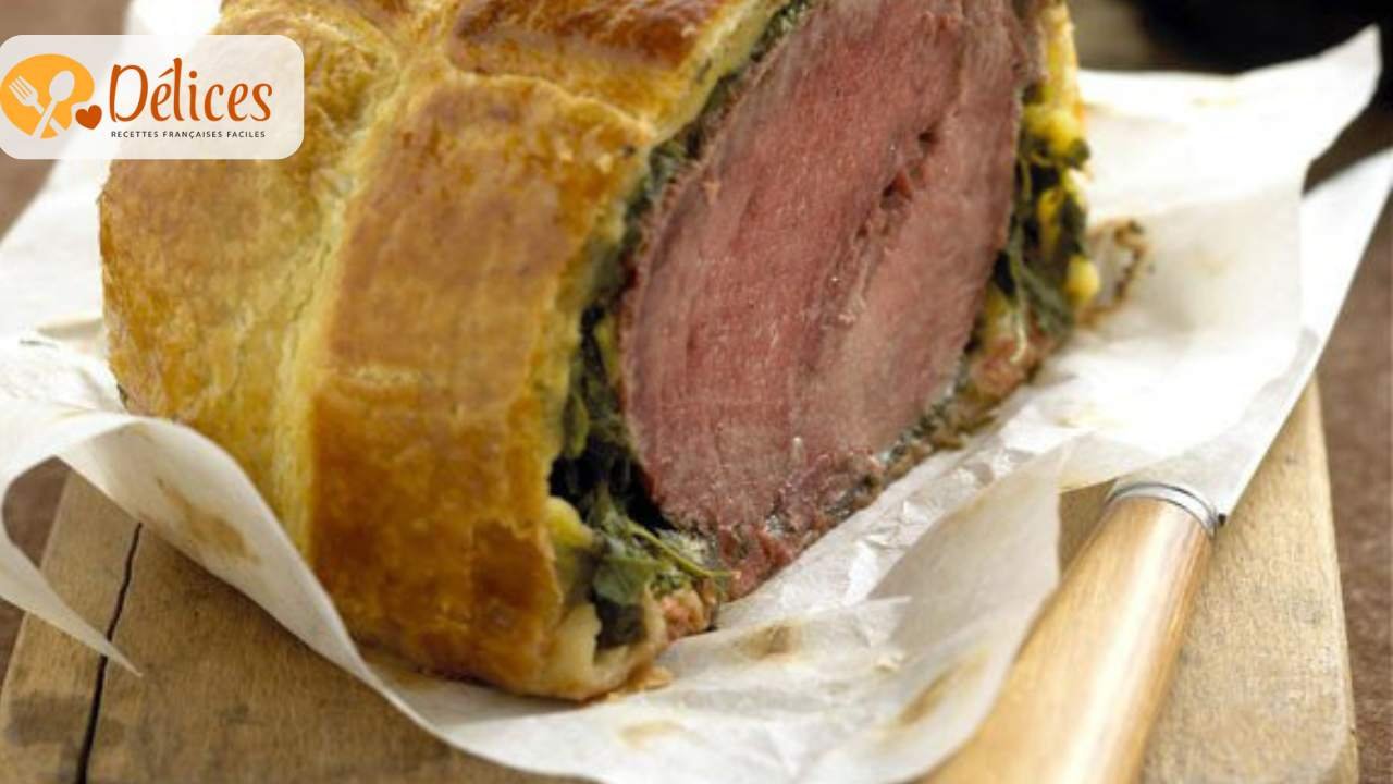 Gros plan sur un morceau de rôti de bœuf cuit, enveloppé dans une pâte feuilletée dorée et coupé pour révéler l'intérieur saignant. Image de la recette rôti de boeuf en croute.