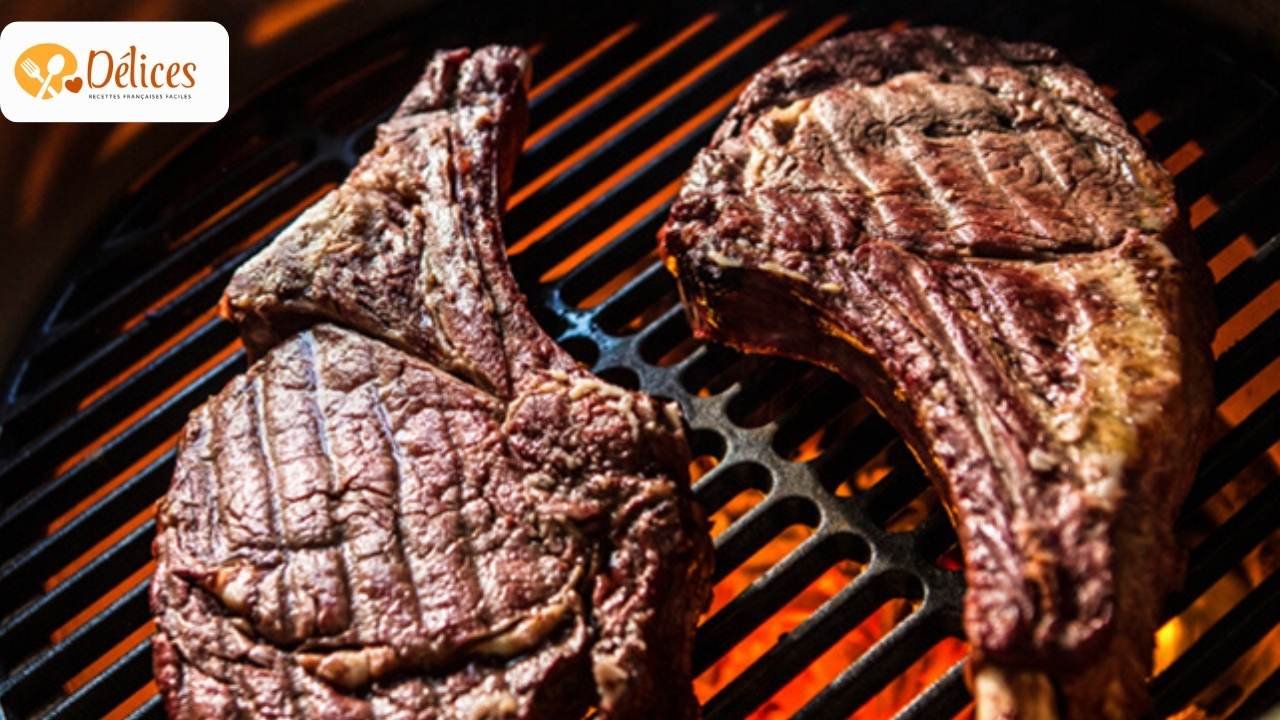 Gros plan sur deux côtes de bœuf épaisses, avec l'os, grillant sur la grille d'un barbecue à haute température. Illustration du temps cuisson barbecue cote de boeuf.