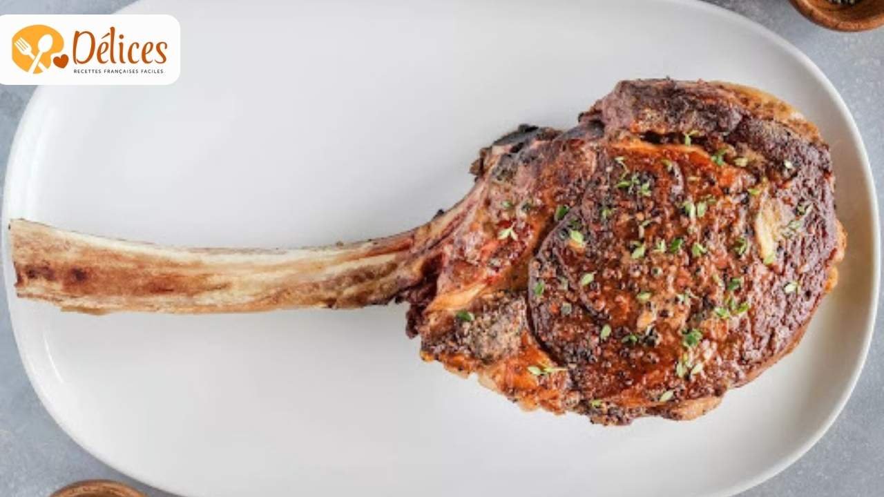 Vue de dessus d'un grand steak Tomahawk de bœuf, grillé et assaisonné d'herbes, présenté sur une assiette blanche. L'os long est visible. Image de la préparation du tomahawk bœuf.