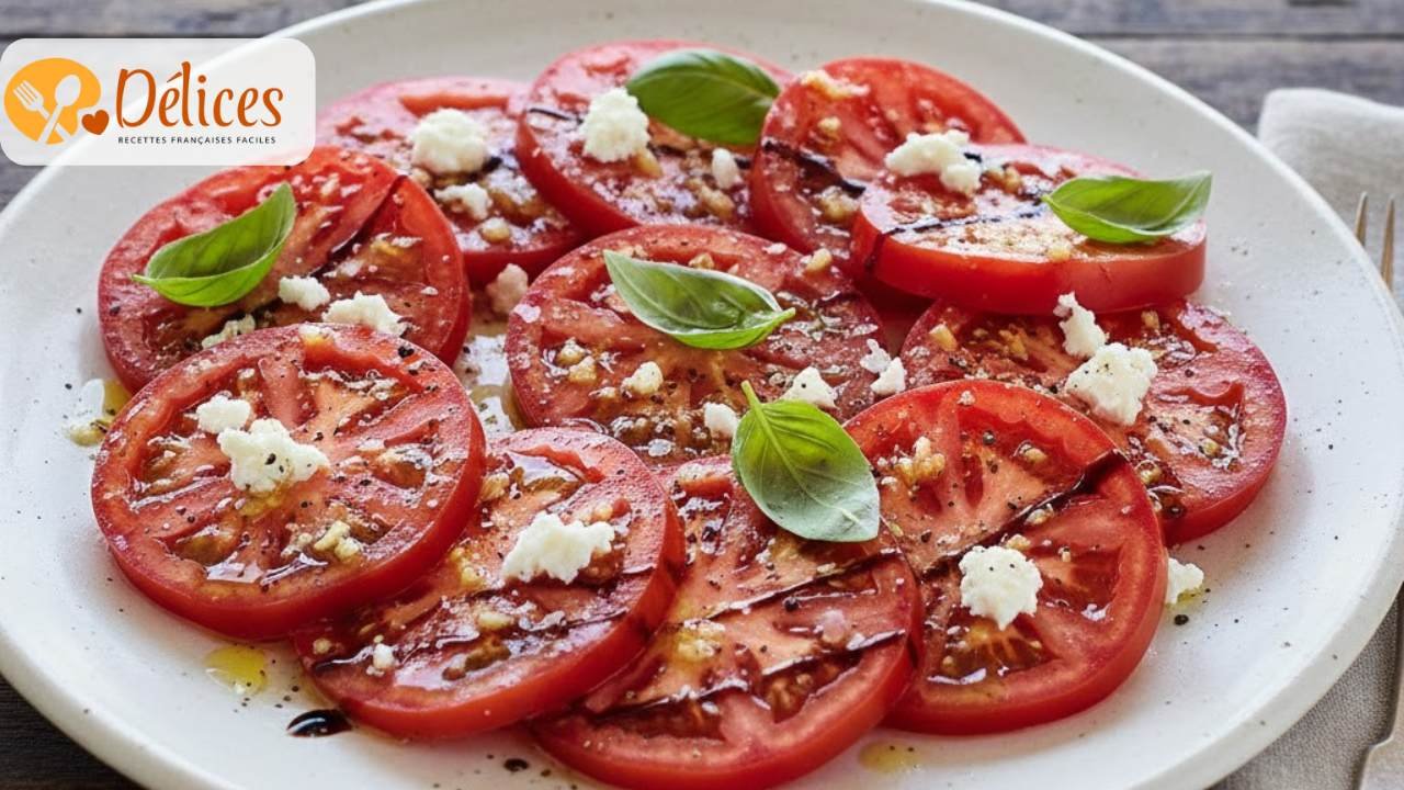 Gros plan sur une salade de tranches de tomates Cœur de Bœuf rouges, assaisonnées d'huile, de vinaigre balsamique, de basilic et de morceaux de fromage émietté. Image de la tomate coeur de boeuf recette.