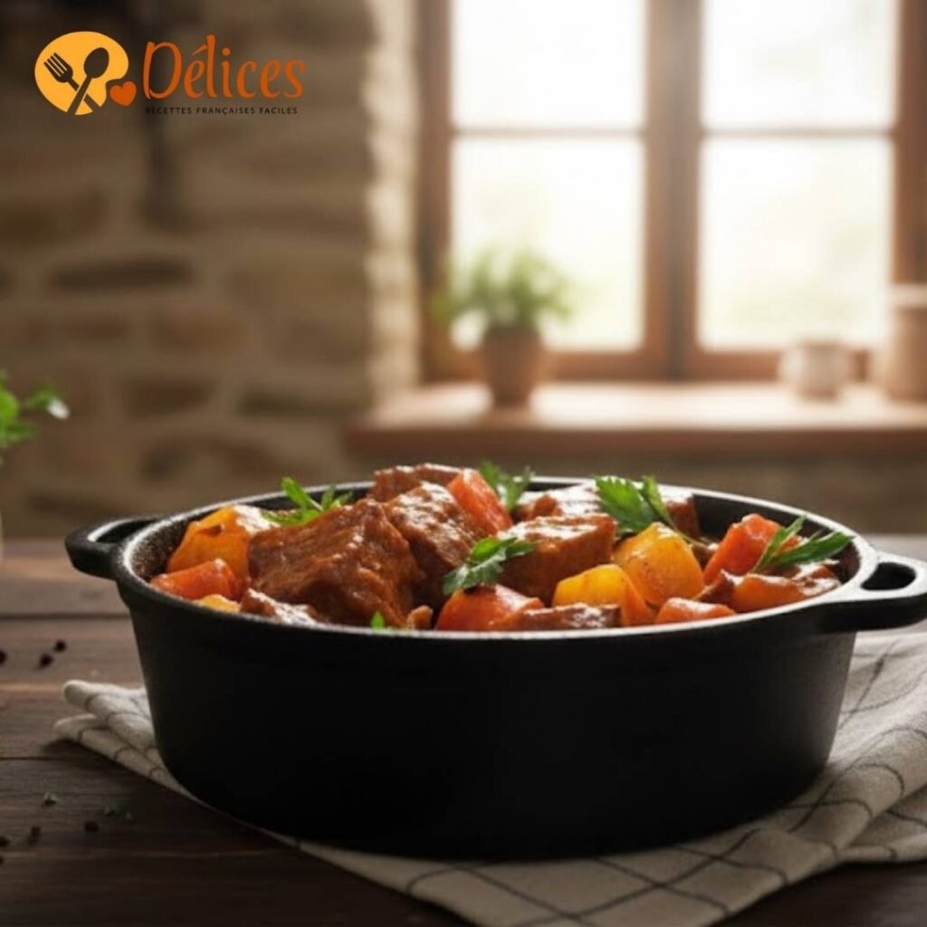 Plat de bœuf carottes chaud dans une cocotte noire en fonte, posé sur une table en bois près d'une fenêtre lumineuse.