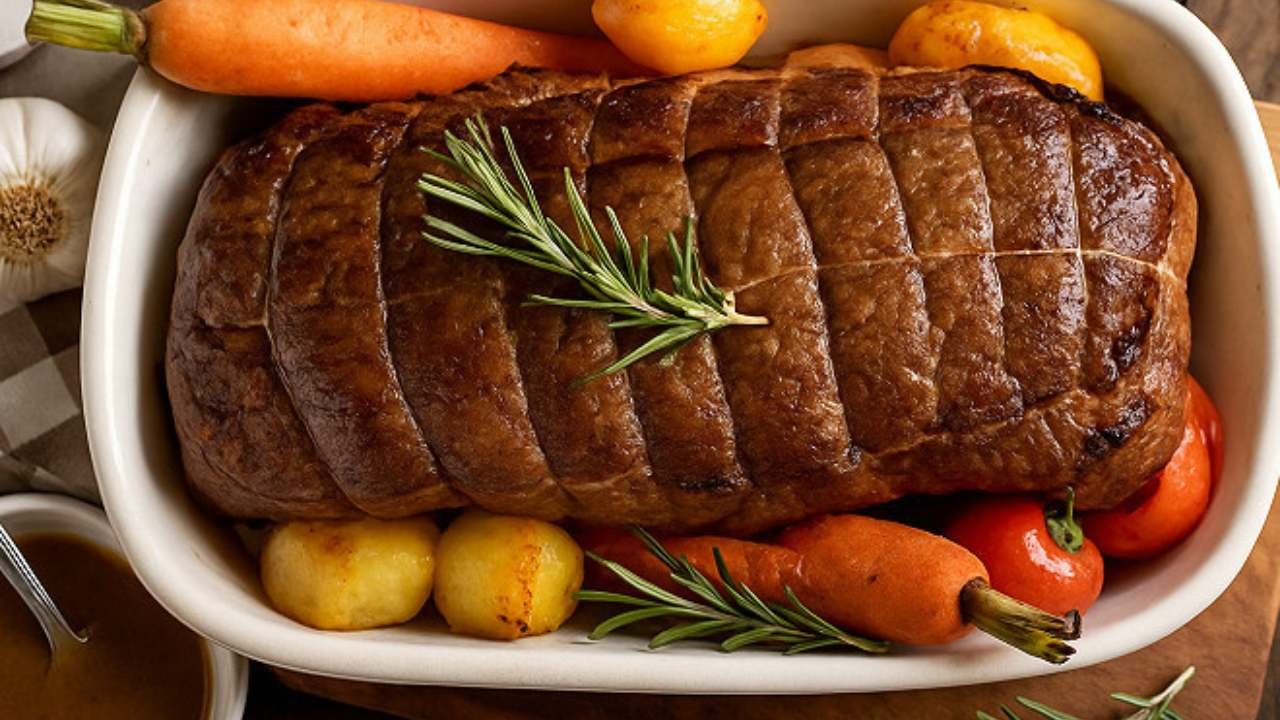 Rôti de bœuf juteux avec légumes dorés et romarin dans un plat recette traditionnelle française de rôti de bœuf