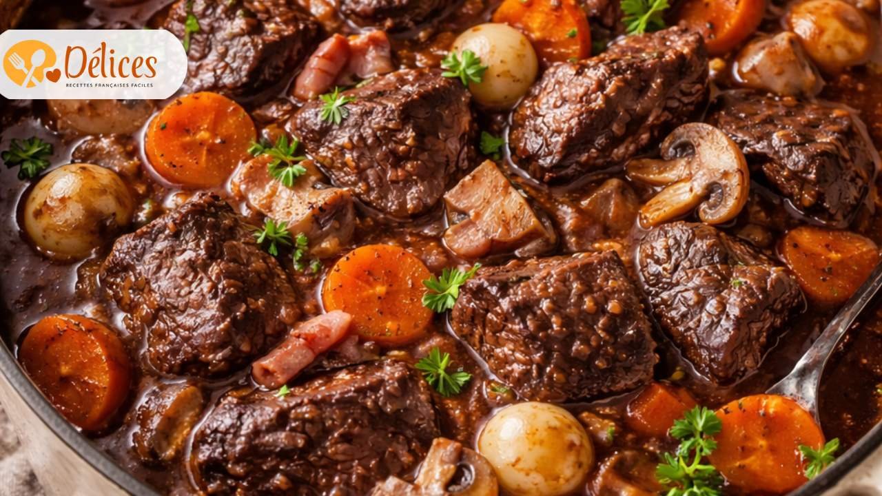 Gros plan d'une recette de bœuf bourguignon montrant des morceaux de bœuf mijotés, des carottes, des oignons et des champignons dans une sauce brune riche.