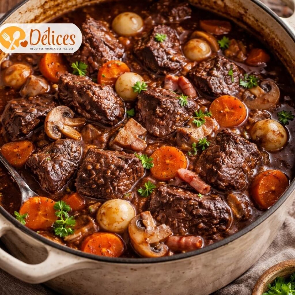 Une cocotte de Boeuf Bourguignon Recette Traditionnelle remplie de viande de bœuf, carottes, champignons de Paris, oignons grelots et lardons dans une sauce brune.