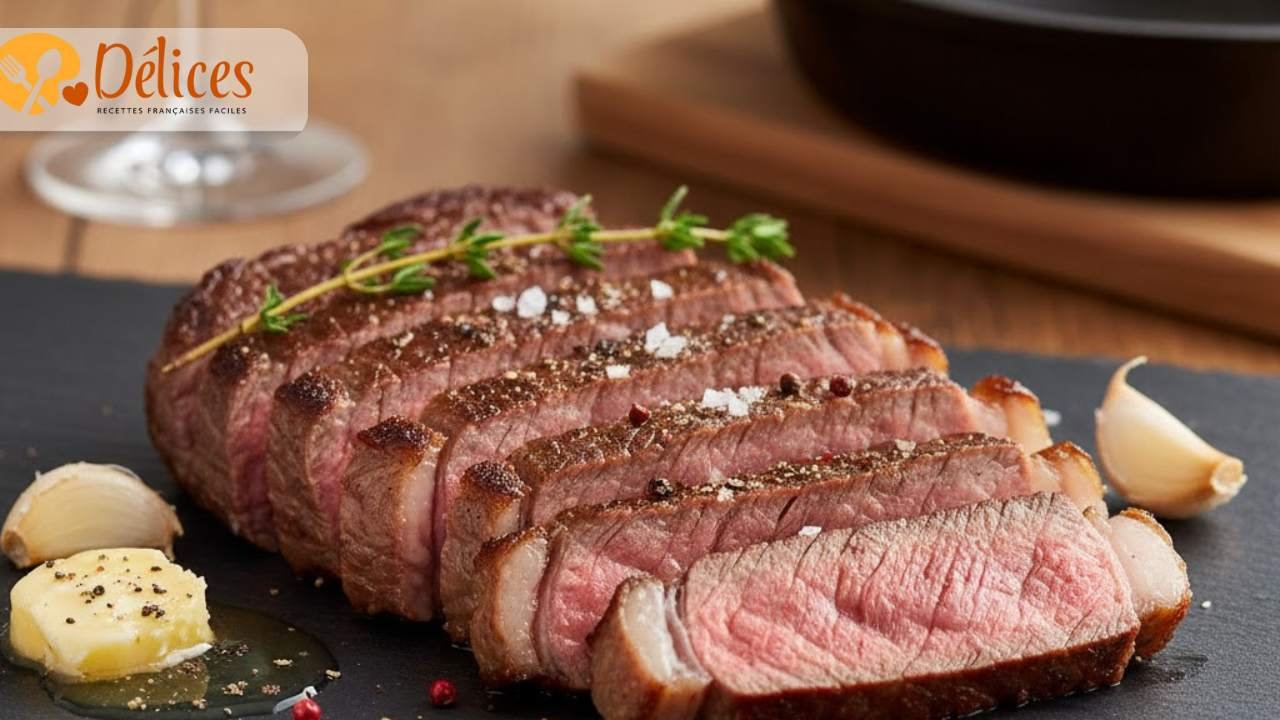 Tranches de bœuf wagyu grillées et rosées servies sur une planche avec fleur de sel, ail et beurre, illustrant la tendreté de cette viande de luxe.