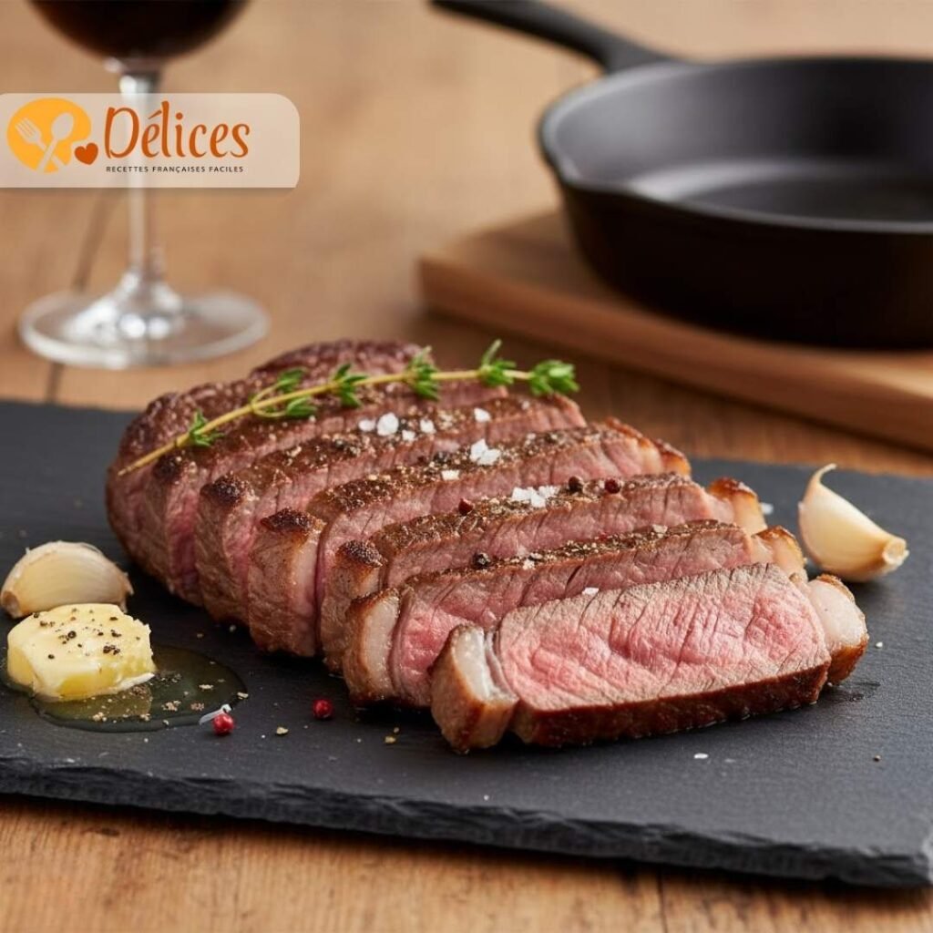 Tranches de boeuf wagyu cuit à cœur, servies rosées sur une planche noire avec du beurre fondu, de l'ail et des herbes aromatiques.