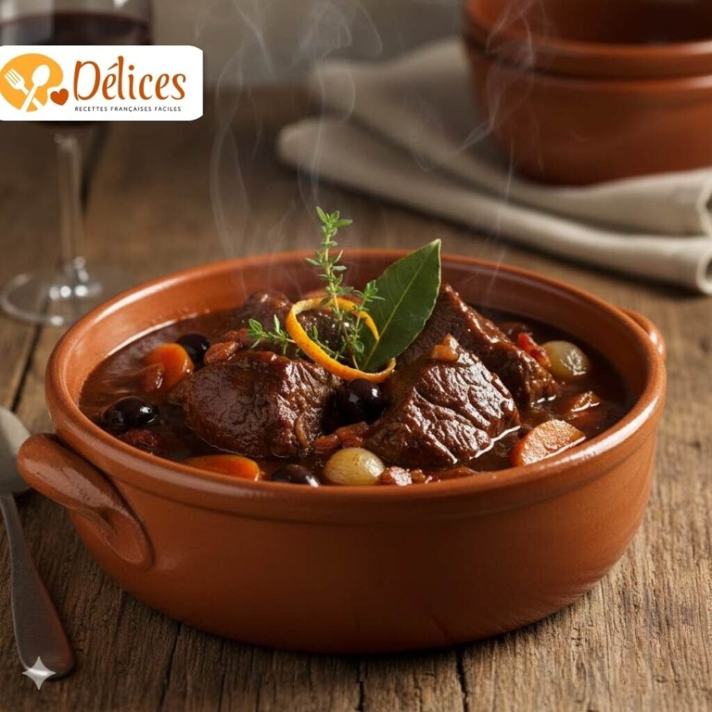 Cocotte artisanale remplie d'une daube de boeuf à l'ancienne fumante avec sauce au vin rouge, carottes, olives et herbes aromatiques fraîches.