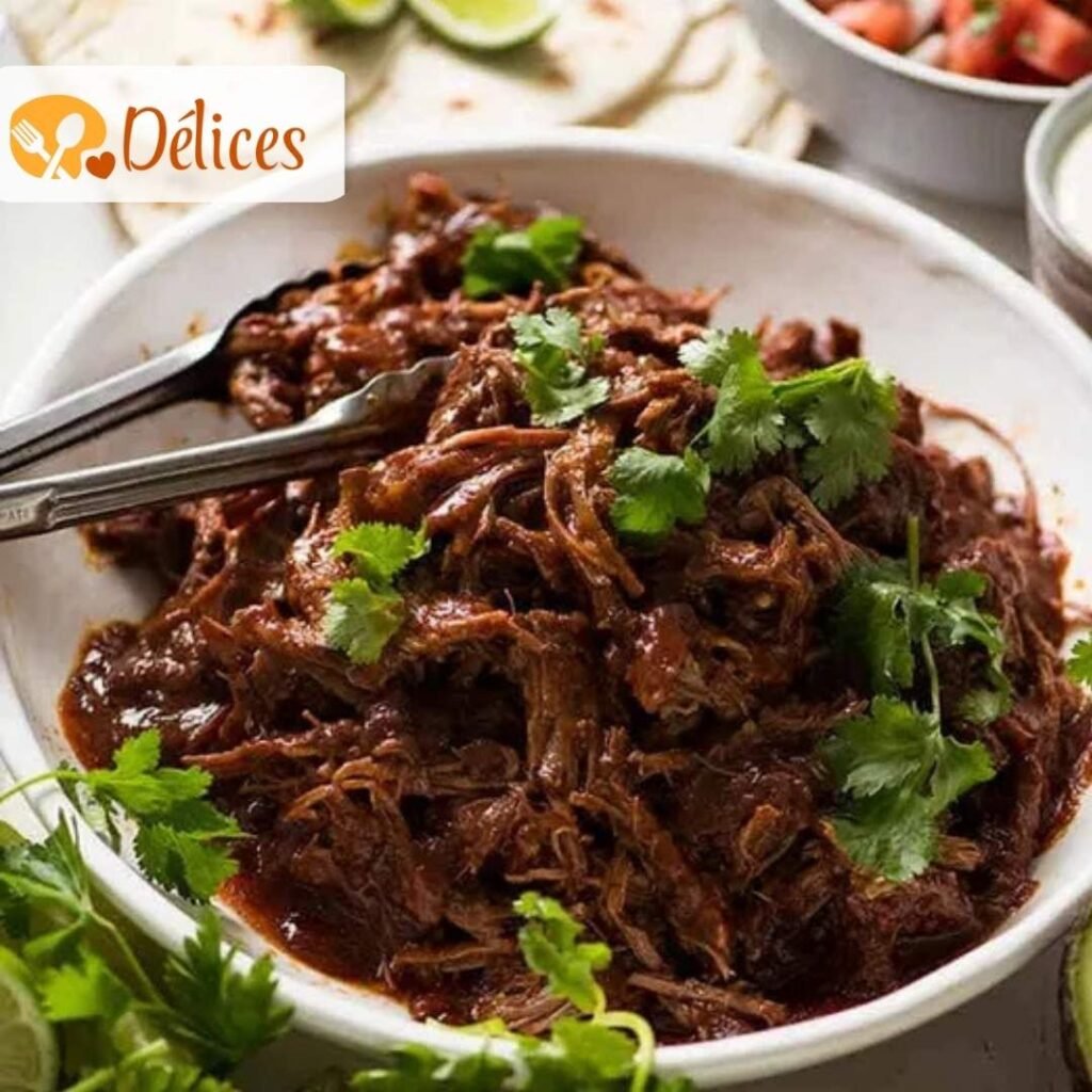 Gros plan d'un bol de bœuf effiloché (pulled beef) en sauce, garni de coriandre. Photo illustrant la recette d'Effiloché de Bœuf.