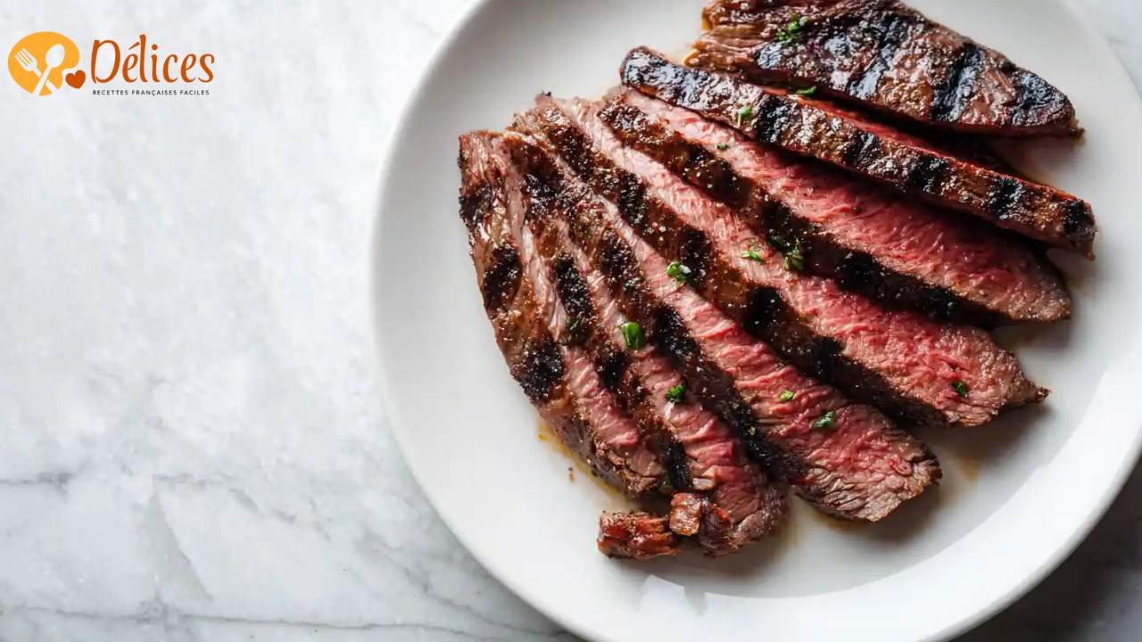 Gros plan sur une assiette de Hampe de Bœuf cuite et tranchée (rosée à l'intérieur), avec un marquage de grillade.