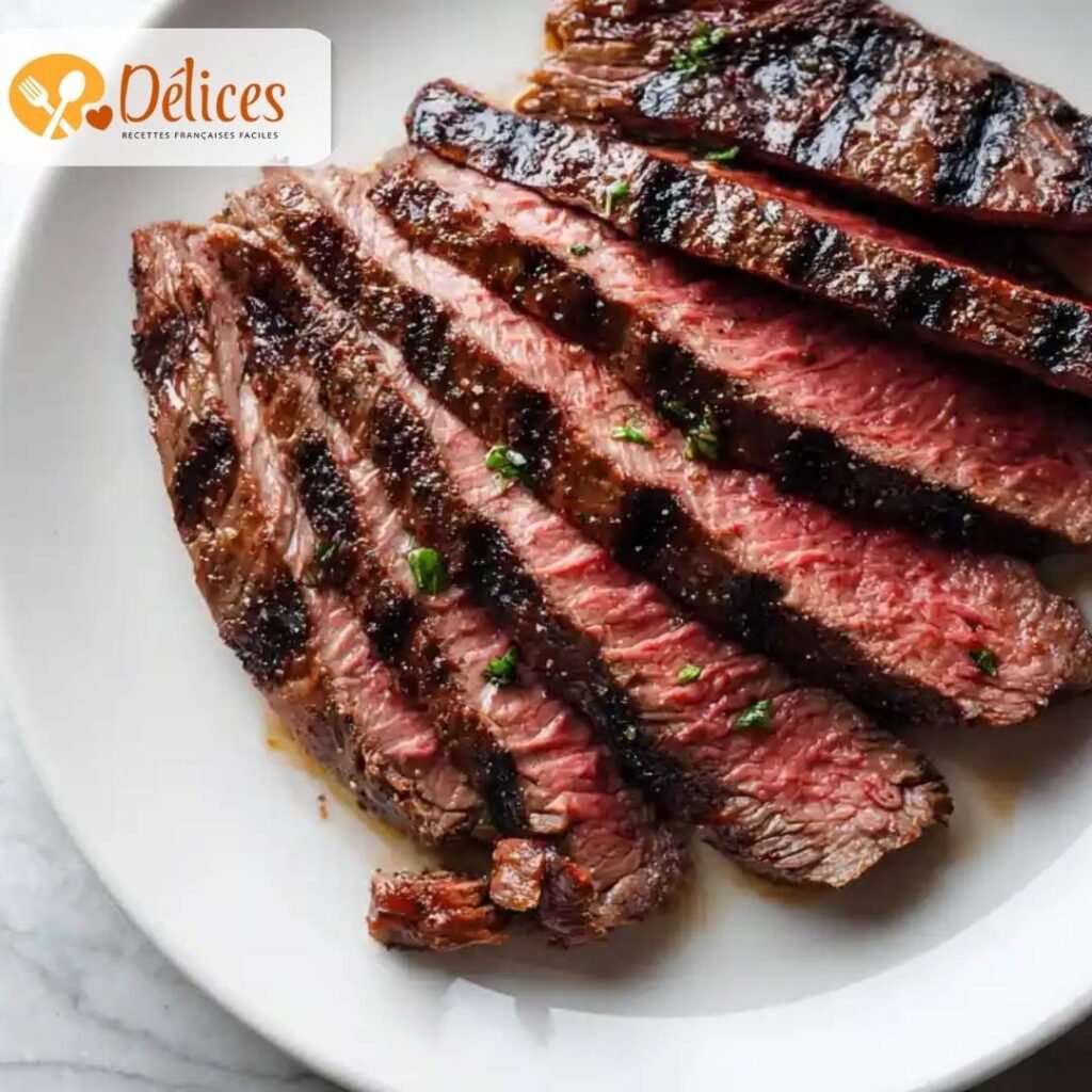 Gros plan sur une assiette de Hampe de Bœuf grillée, tranchée en tranches rosées et saignantes. Photo illustrant la recette de hampe de bœuf.