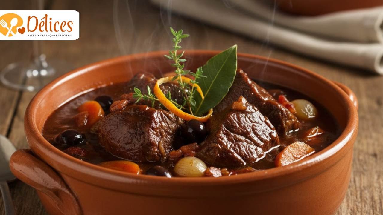 Une cocotte en terre cuite remplie d'une Recette Daube de Boeuf traditionnelle avec sauce au vin rouge, carottes, olives et herbes aromatiques.