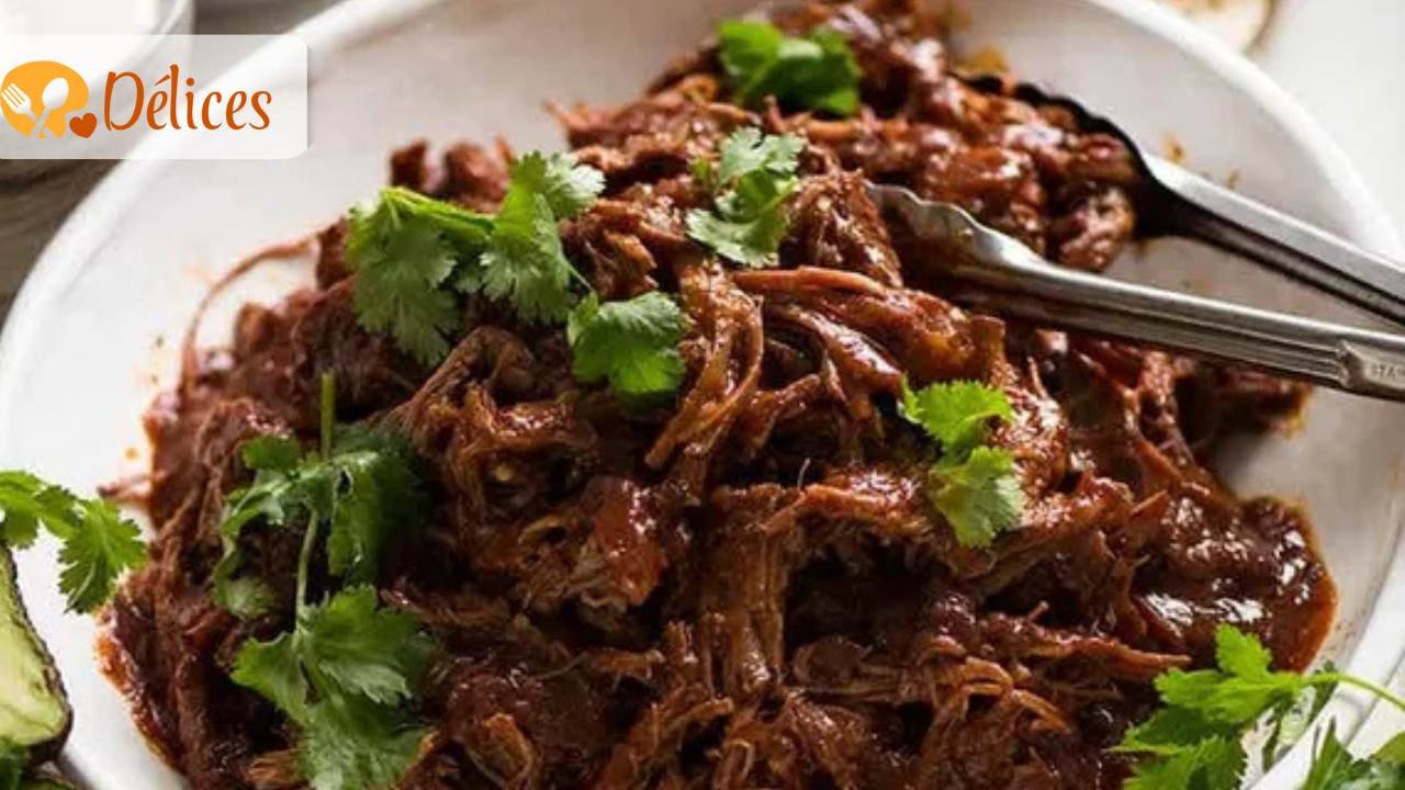 Gros plan d'un plat de bœuf effiloché en sauce, garni de coriandre fraîche. Photo illustrant la Recette Effiloché de Bœuf.