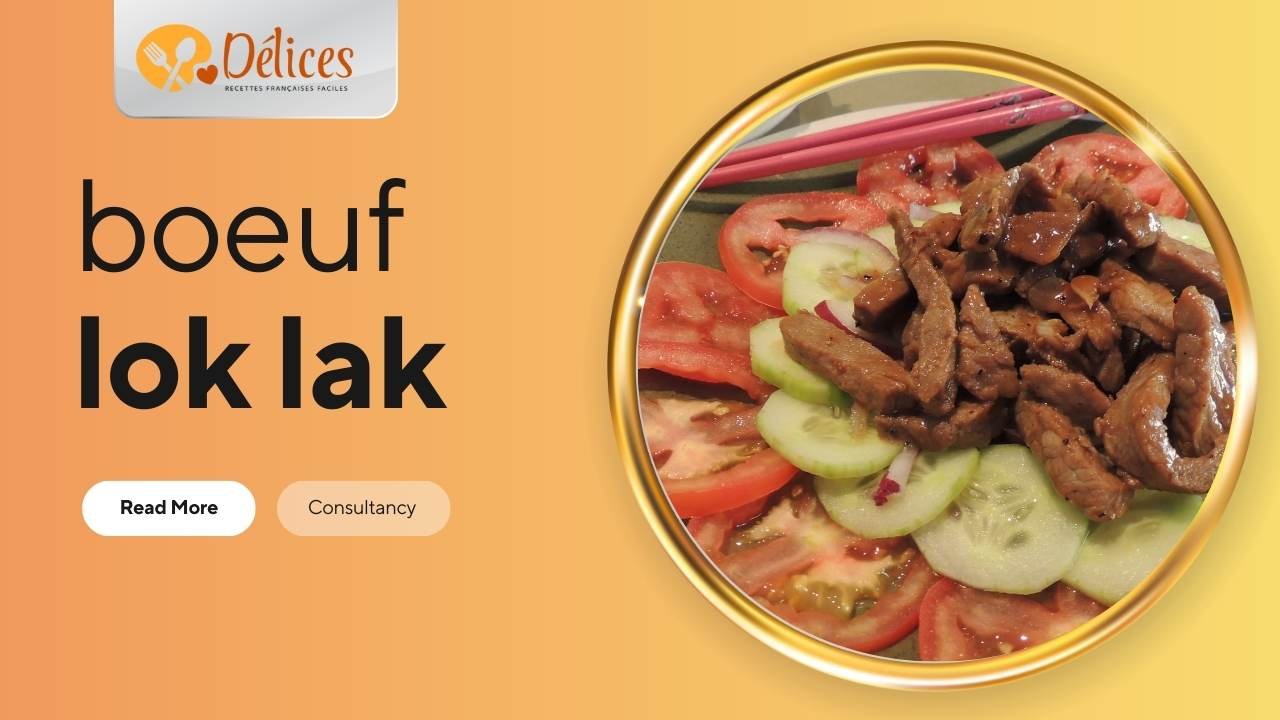 Bannière avec le texte 'boeuf lok lak'. Le cercle montre un plat de bœuf sauté (lok lak) sur un lit de riz blanc, entouré de tranches de concombres et de tomates. Image du plat cambodgien boeuf lok lak.