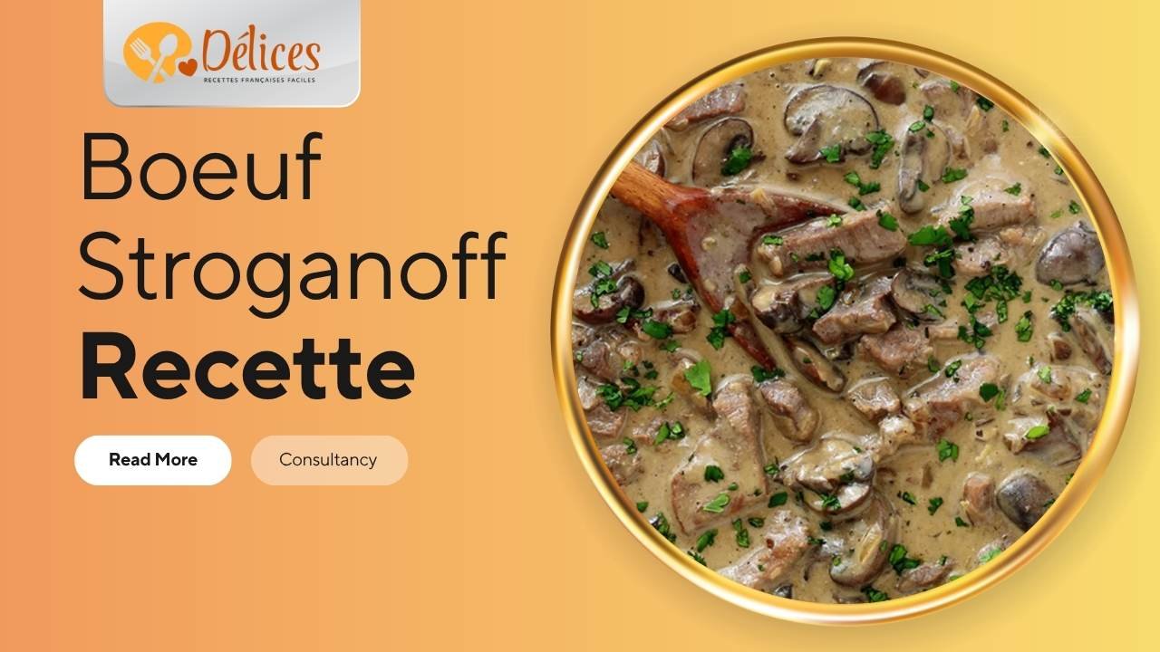 Bannière avec le texte 'Bœuf Stroganoff Recette'. Le cercle montre un gros plan sur des lanières de bœuf et des champignons dans une sauce à la crème, garni de persil. Image de la recette boeuf stroganoff.