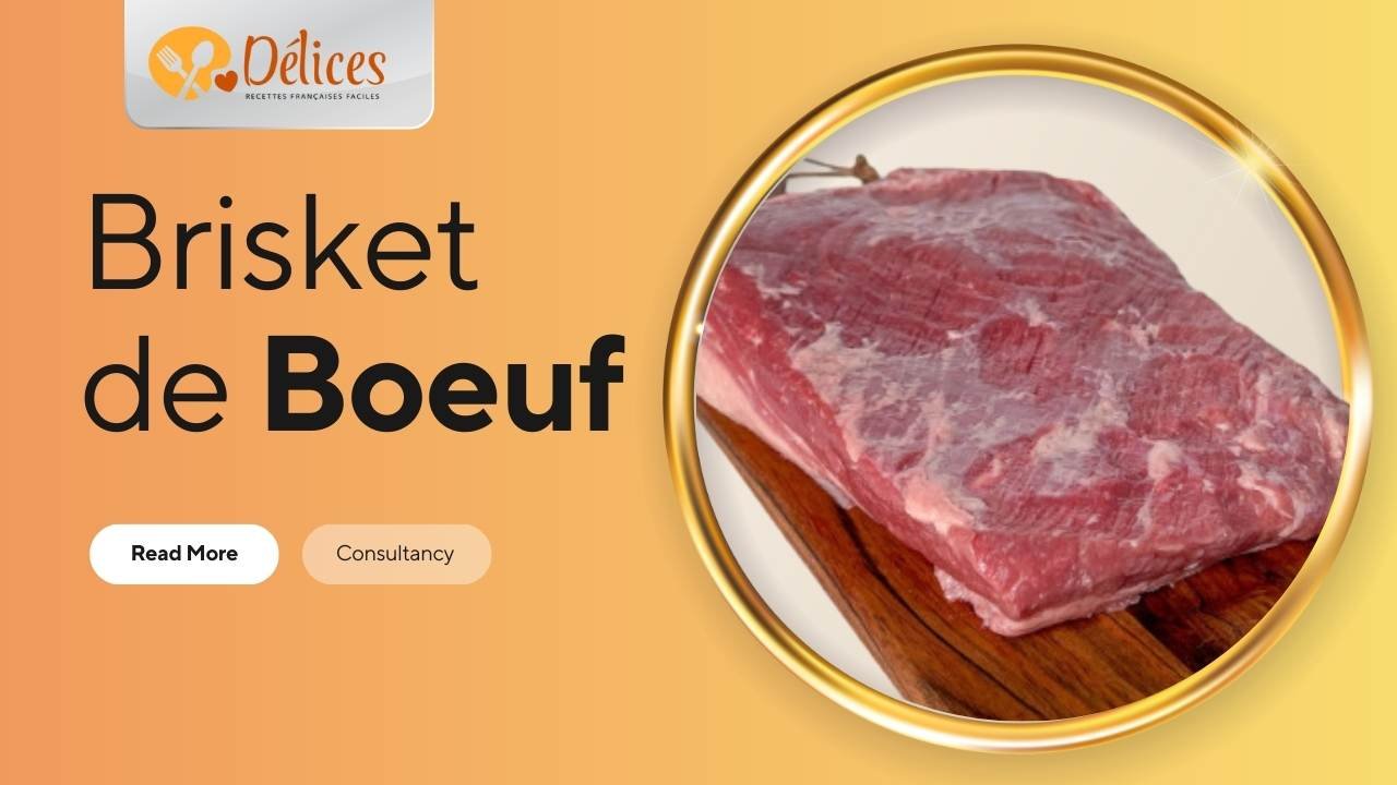 Bannière avec le texte 'Brisket de Boeuf'. Le cercle montre un gros morceau de poitrine de bœuf crue (brisket) avec du gras visible, prêt à être préparé. Image de la coupe brisket de boeuf.