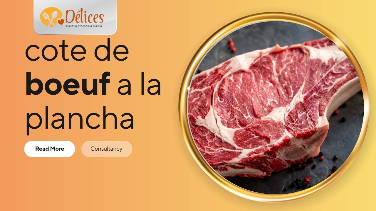 Bannière avec le texte 'côte de boeuf a la plancha'. Le cercle montre un gros plan sur une côte de bœuf crue, épaisse et très persillée.