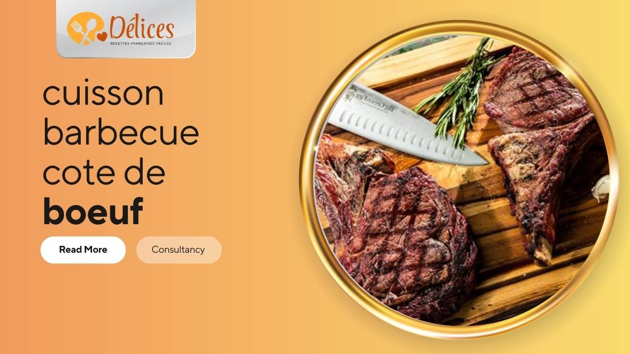 Bannière avec le texte 'cuisson barbecue cote de boeuf'. Le cercle montre deux morceaux de côte de bœuf grillés, coupés et prêts à être servis sur une planche en bois, avec un couteau.