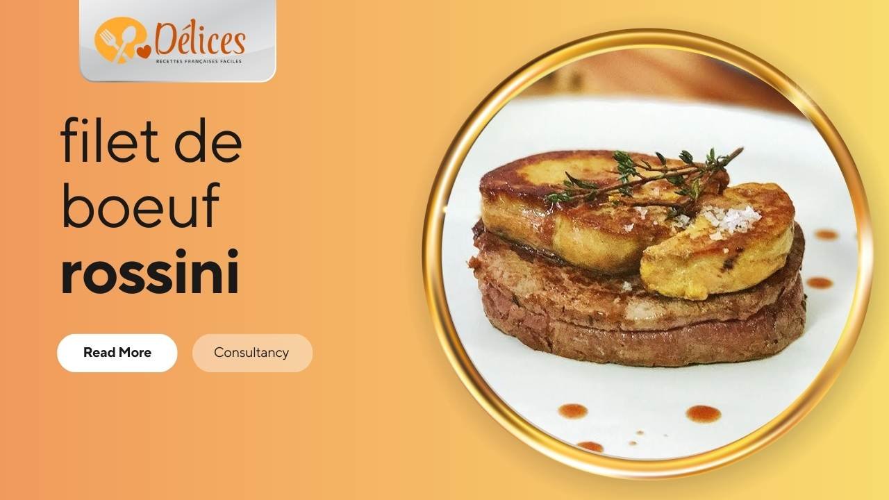 Bannière avec le texte 'filet de boeuf rossini'. Le cercle montre un filet de bœuf cuit et tranché, surmonté de foie gras poêlé et de thym frais sur une assiette blanche. Image du plat de luxe filet de boeuf rossini.