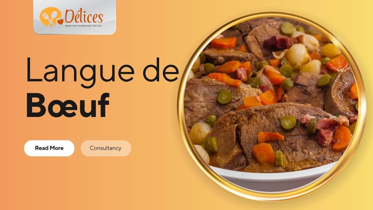 Image promotionnelle : Tranches épaisses de langue de bœuf cuite, servies avec des carottes et des légumes dans une sauce riche.