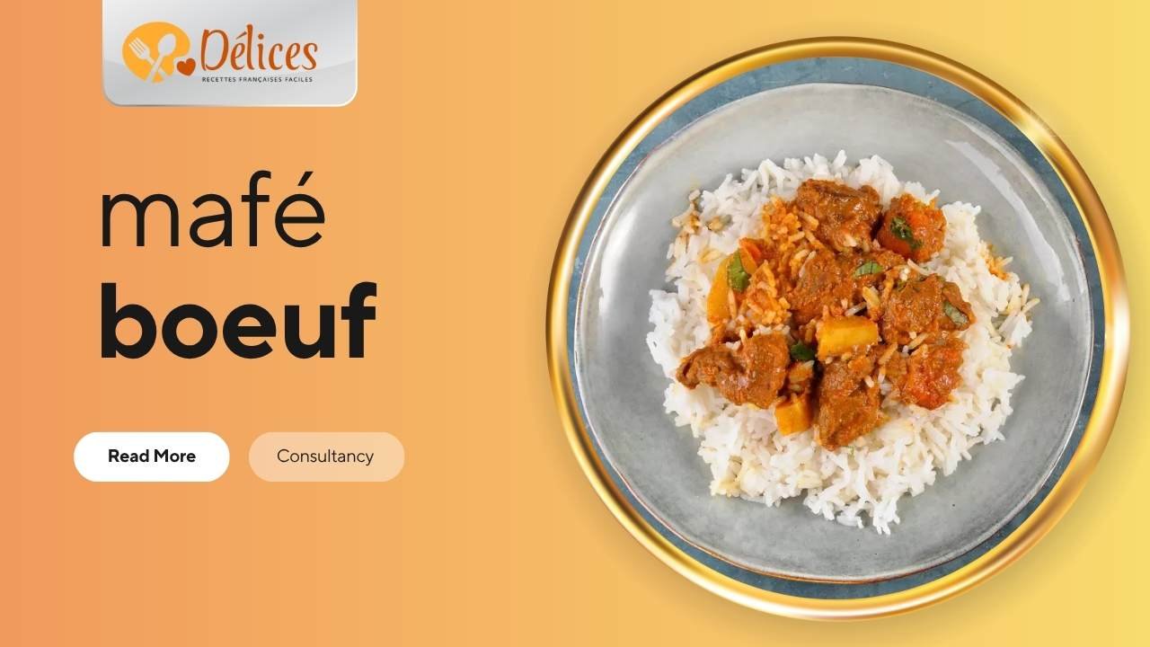 Bannière avec le texte 'Mafé Bœuf'. Le cercle montre un plat de riz blanc surmonté de morceaux de bœuf et de légumes nappés de sauce crémeuse à l'arachide. Image de la recette de Mafé Bœuf.