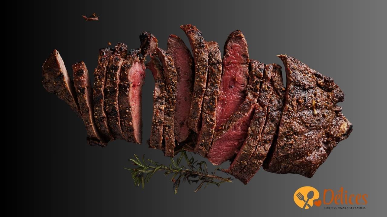 Tranches d'onglet de boeuf grillé et assaisonné, coupées à la perfection, servies avec une branche de romarin frais sur un fond sombre.