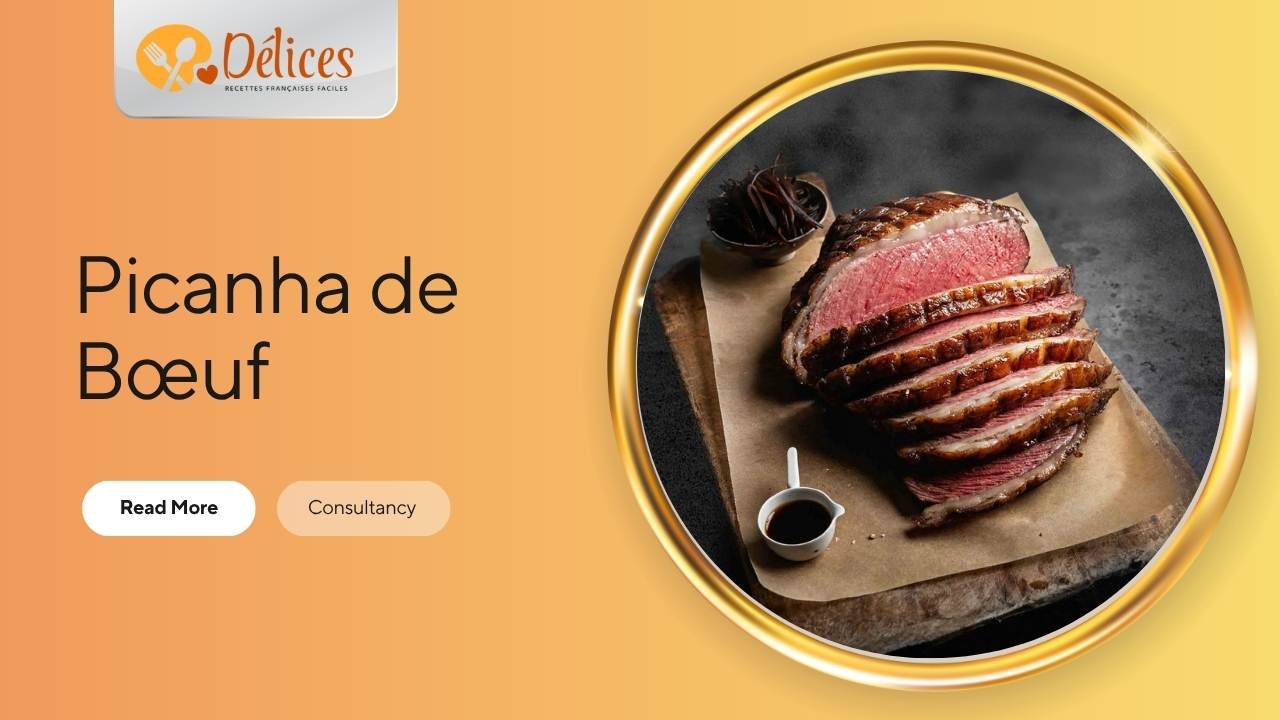 Image promotionnelle : Gros plan sur des tranches de Picanha de bœuf cuite (rumsteck) révélant une cuisson rosée, avec une épaisse couche de graisse dorée, servie sur une planche de bois. Photo de la recette de Picanha de Bœuf.
