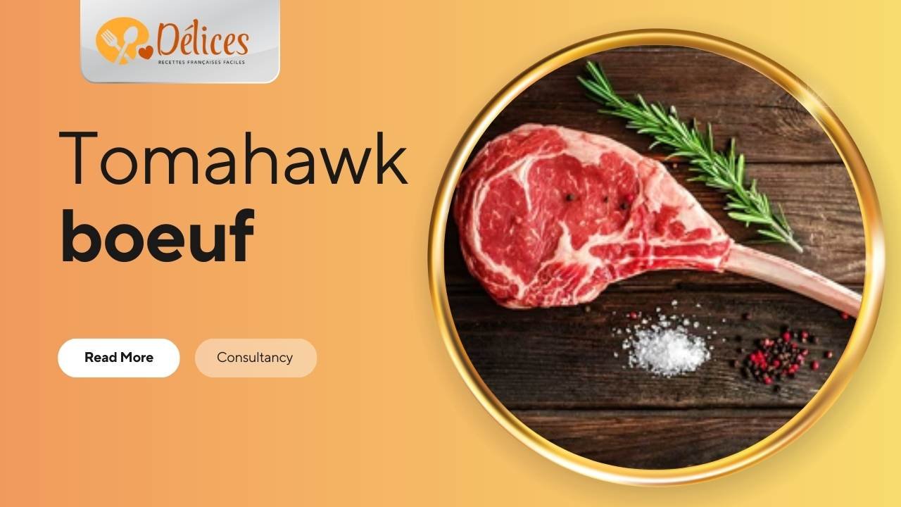 Bannière avec le texte 'Tomahawk Bœuf'. Le cercle montre un steak Tomahawk cru, avec un os long, assaisonné de sel et de romarin. Image de la pièce de boucherie Tomahawk.