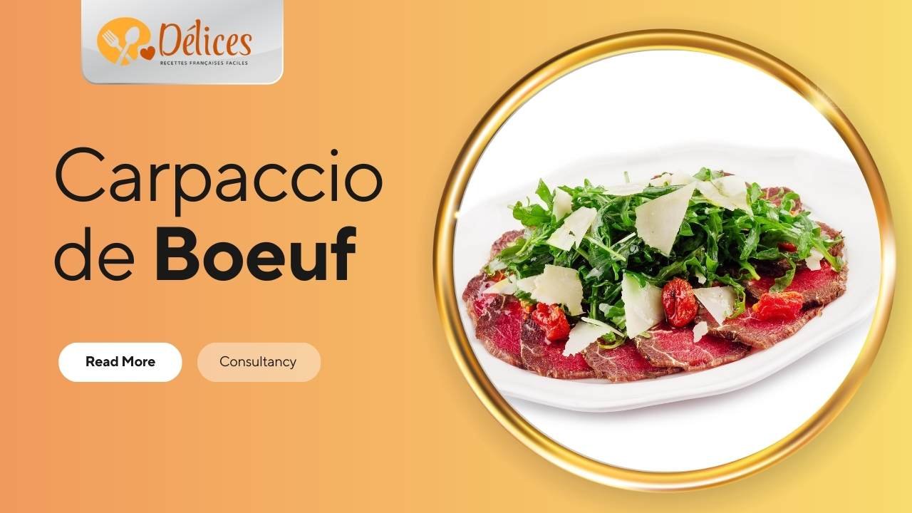 Gros plan d'une assiette de Carpaccio de Bœuf garnie de roquette, de copeaux de parmesan et de tomates séchées.