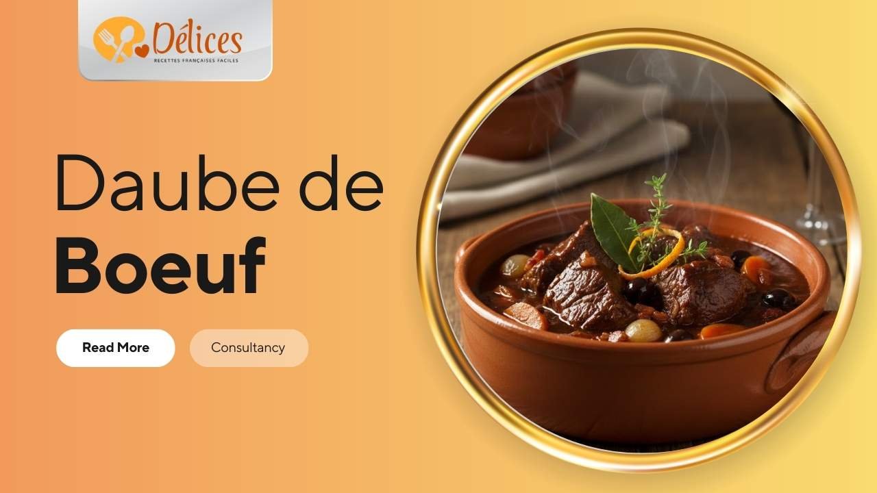 Cocotte en terre cuite contenant une Daube de Boeuf traditionnelle avec sauce au vin, carottes, oignons et bouquet garni.
