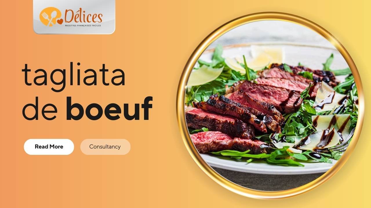 Gros plan sur une assiette de tagliata de bœuf (tranches de bœuf grillé saignantes) servie sur un lit de roquette, garnie de copeaux de parmesan et de réduction de vinaigre balsamique.